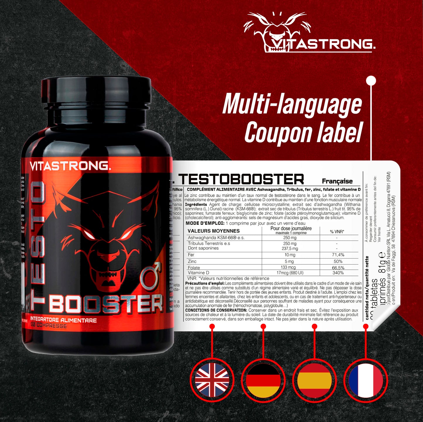Testobooster Vitastrong Tribulus Terrestris Ashwagandha KSM66 Zinc Bisglycinate Vitamin D3 Iron Folic Acid Vegan Tablets by Beauty Bae