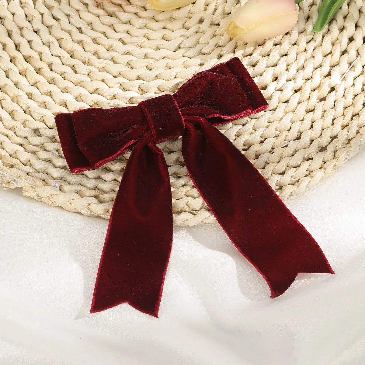 Velvet Bow Hair Barrette for Women and Girls Ponytail Hairpin Red and Black Ribbon Hair Clip Fashion Accessories by Beauty Bae