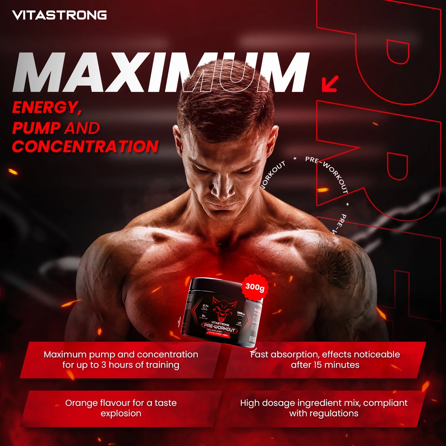 Vegan Pre Workout Powder 300g With L Citrulline Beta Alanine Caffeine Taurine AstraGin Orange Flavor 24 Servings by Beauty Bae