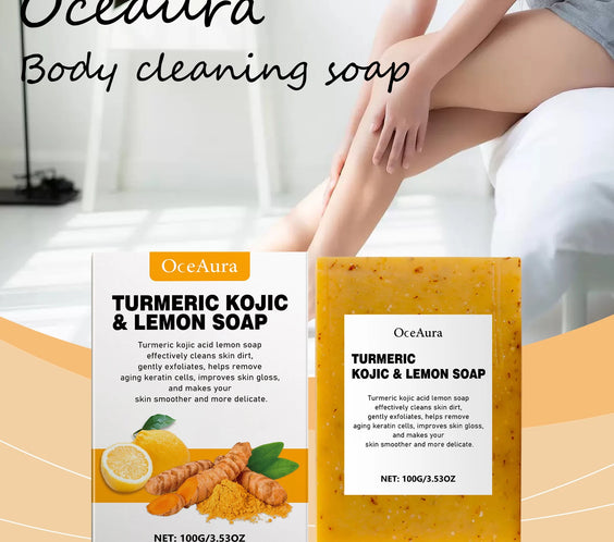 Turmeric Lemon Soap 100g handmade bar yellow with turmeric specks and lemon graphic on individual packaging