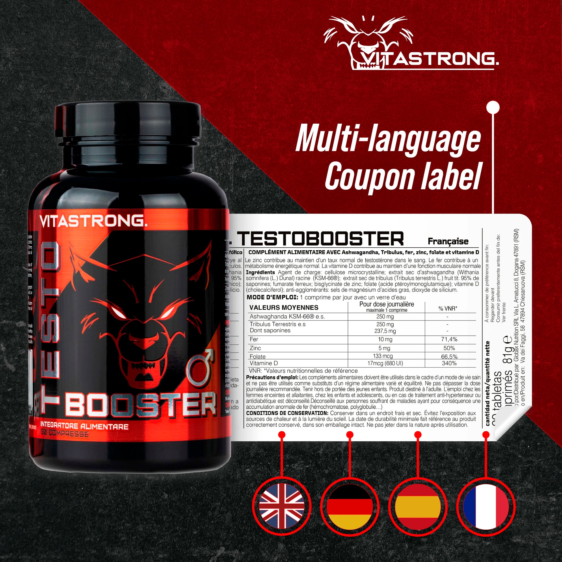 Testobooster Vitastrong Tribulus Terrestris Ashwagandha KSM66 Zinc Bisglycinate Vitamin D3 Iron Folic Acid Vegan Tablets by Beauty Bae