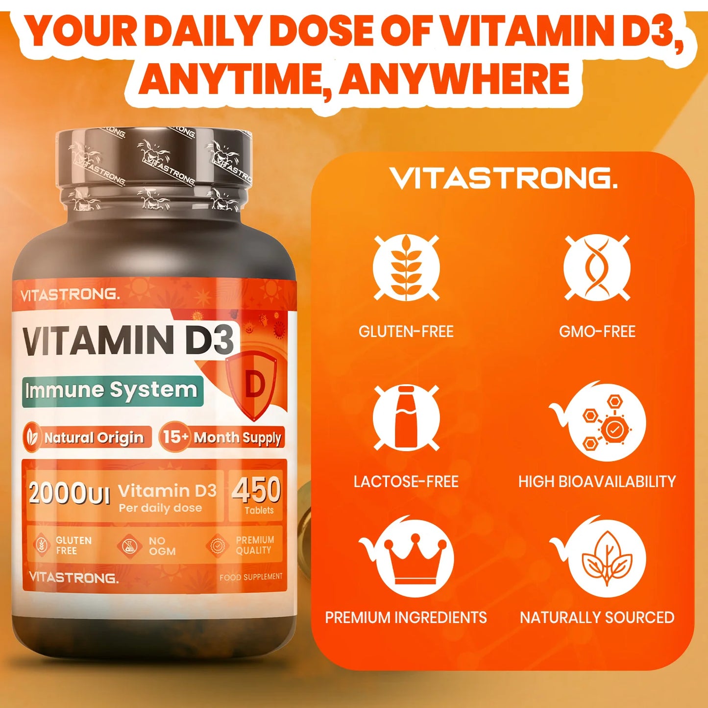Vitamin D3 2000 IU High Potency 450 Tablets One Tablet Per Day 15 Plus Months Immune Support Bones Muscles Vitastrong by Beauty Bae