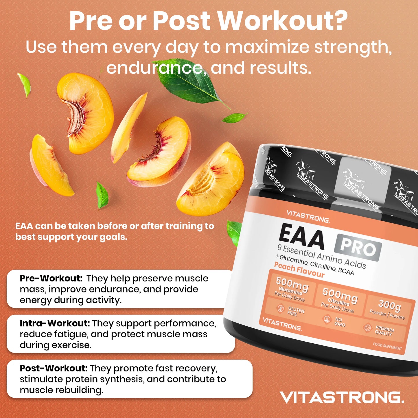 VITASTRONG Essential Amino Acids EAA Pro Powder Peach Flavor 9 Essential Amino Acids 300g by Beauty Bae