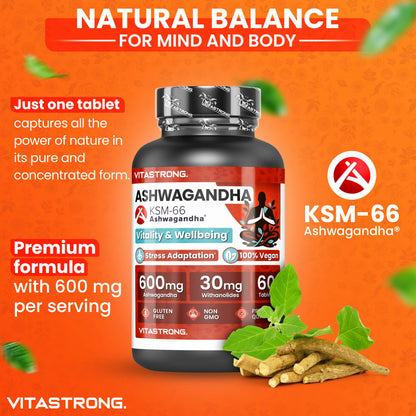 Vitastrong Ashwagandha KSM66 60 Tablets Natural Stress Support Energy Focus Vegan Gluten Free Lactose Free Men and Women by Beauty Bae