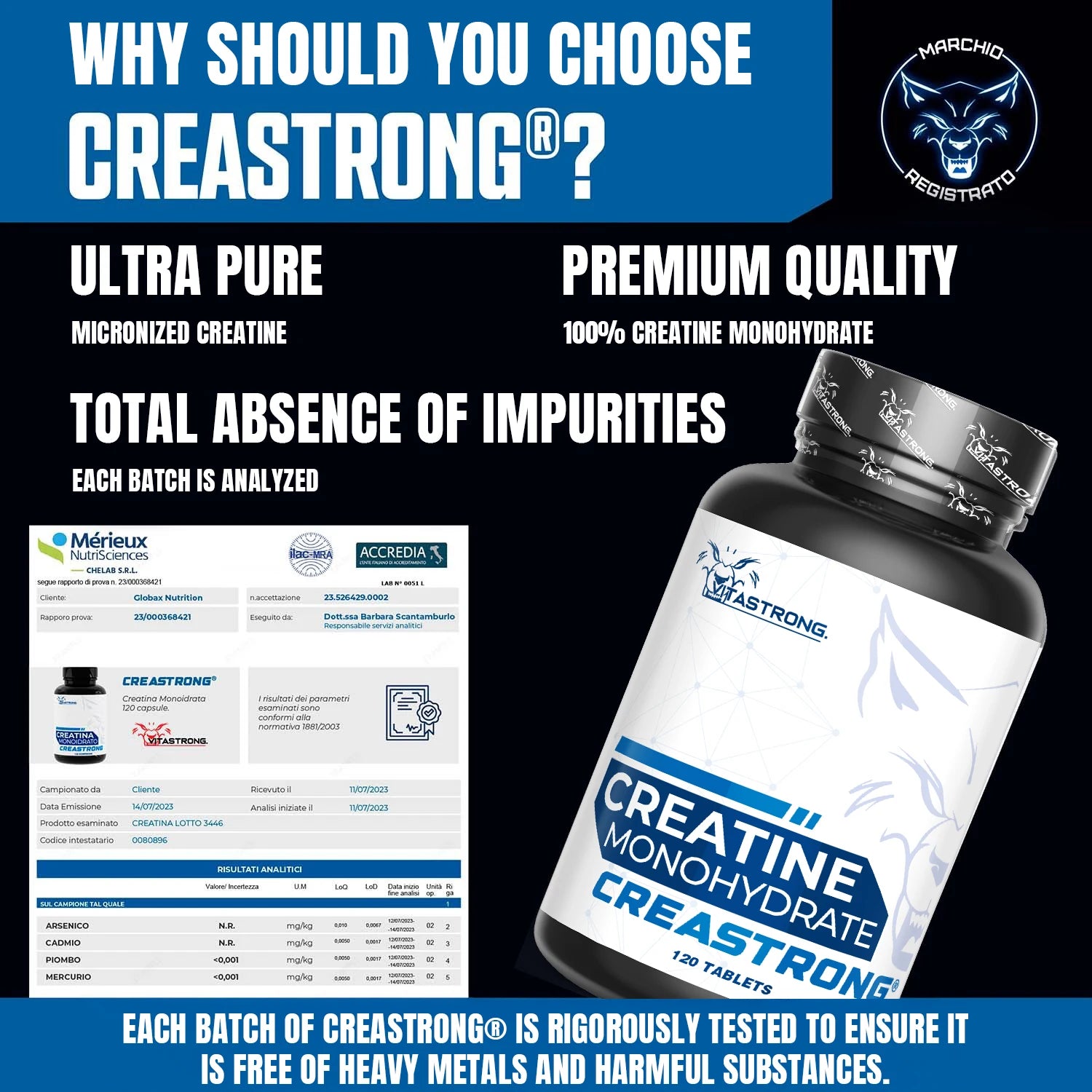 Vitastrong Creatine Monohydrate Tablets 3000 Mg GMO Free 120 Count For Pre Intra And Post Workout by Beauty Bae