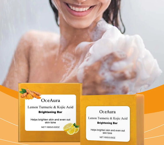 Turmeric Kojic Lemon Soap 100g handmade plant-based bar yellow tone label lists turmeric kojic acid lemon extract