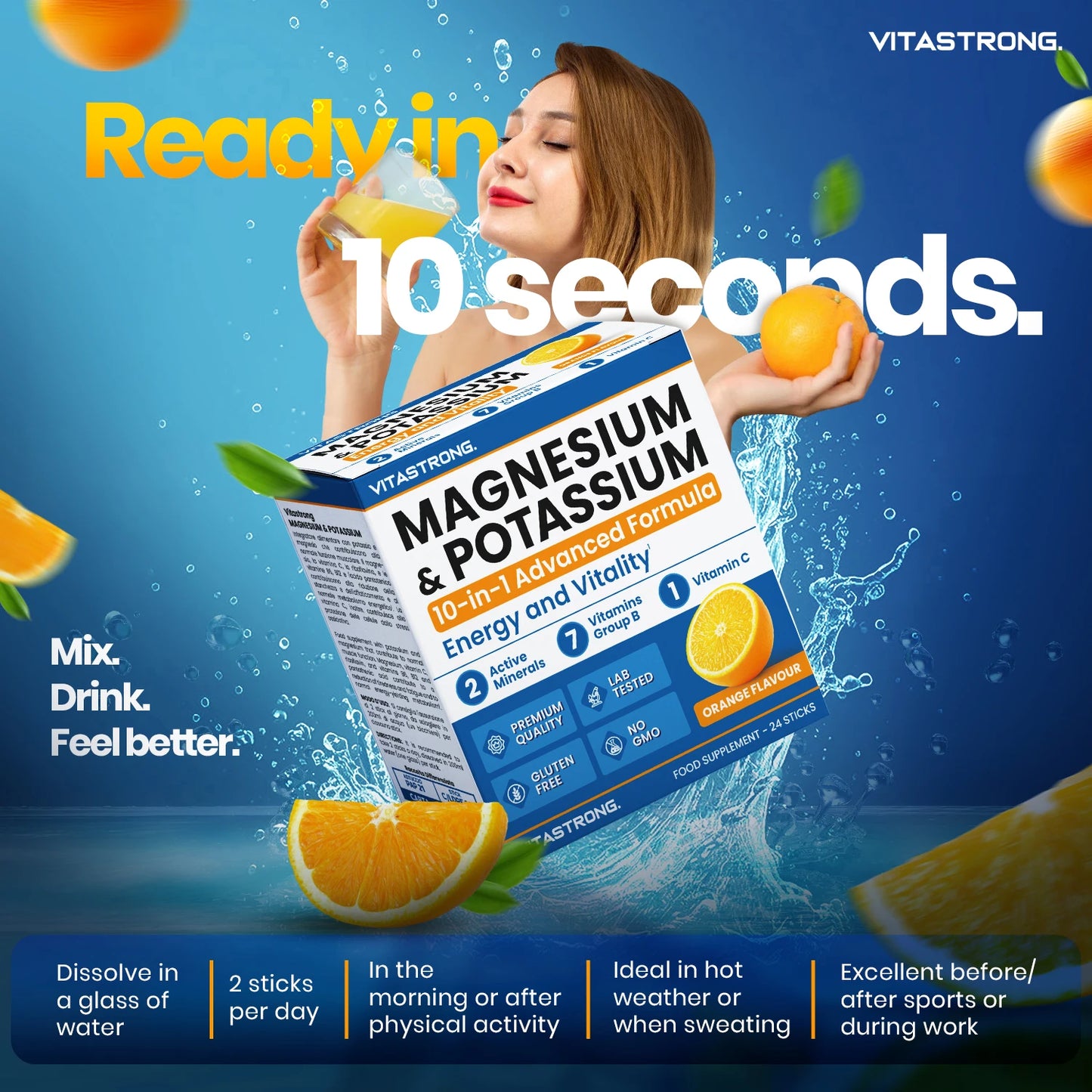 Vitastrong Magnesium And Potassium 10 In 1 Formula Sticks Orange Flavor With Vitamin C And B Vitamins 24 Count GMO Free by Beauty Bae