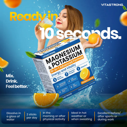 Vitastrong Magnesium And Potassium 10 In 1 Formula Sticks Orange Flavor With Vitamin C And B Vitamins 24 Count GMO Free by Beauty Bae