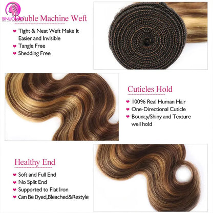 30 32 Inch Highlight Body Wave 100 Percent Brazilian Remy Human Hair Bundles P4 27 Honey Brown by Beauty Bae