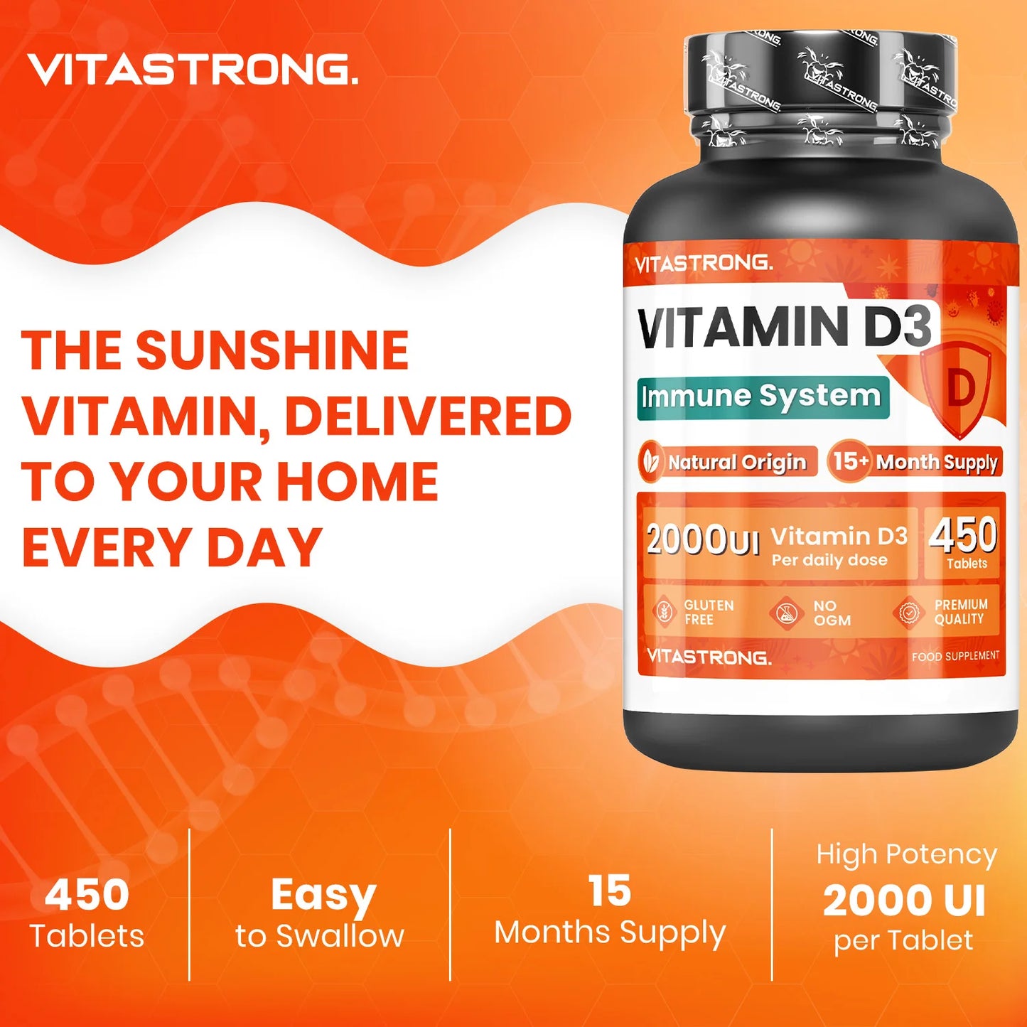 Vitamin D3 2000 IU High Potency 450 Tablets One Tablet Per Day 15 Plus Months Immune Support Bones Muscles Vitastrong by Beauty Bae