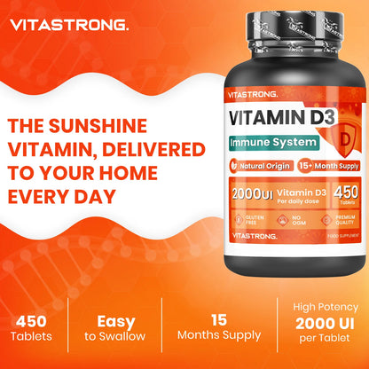 Vitamin D3 2000 IU High Potency 450 Tablets One Tablet Per Day 15 Plus Months Immune Support Bones Muscles Vitastrong by Beauty Bae