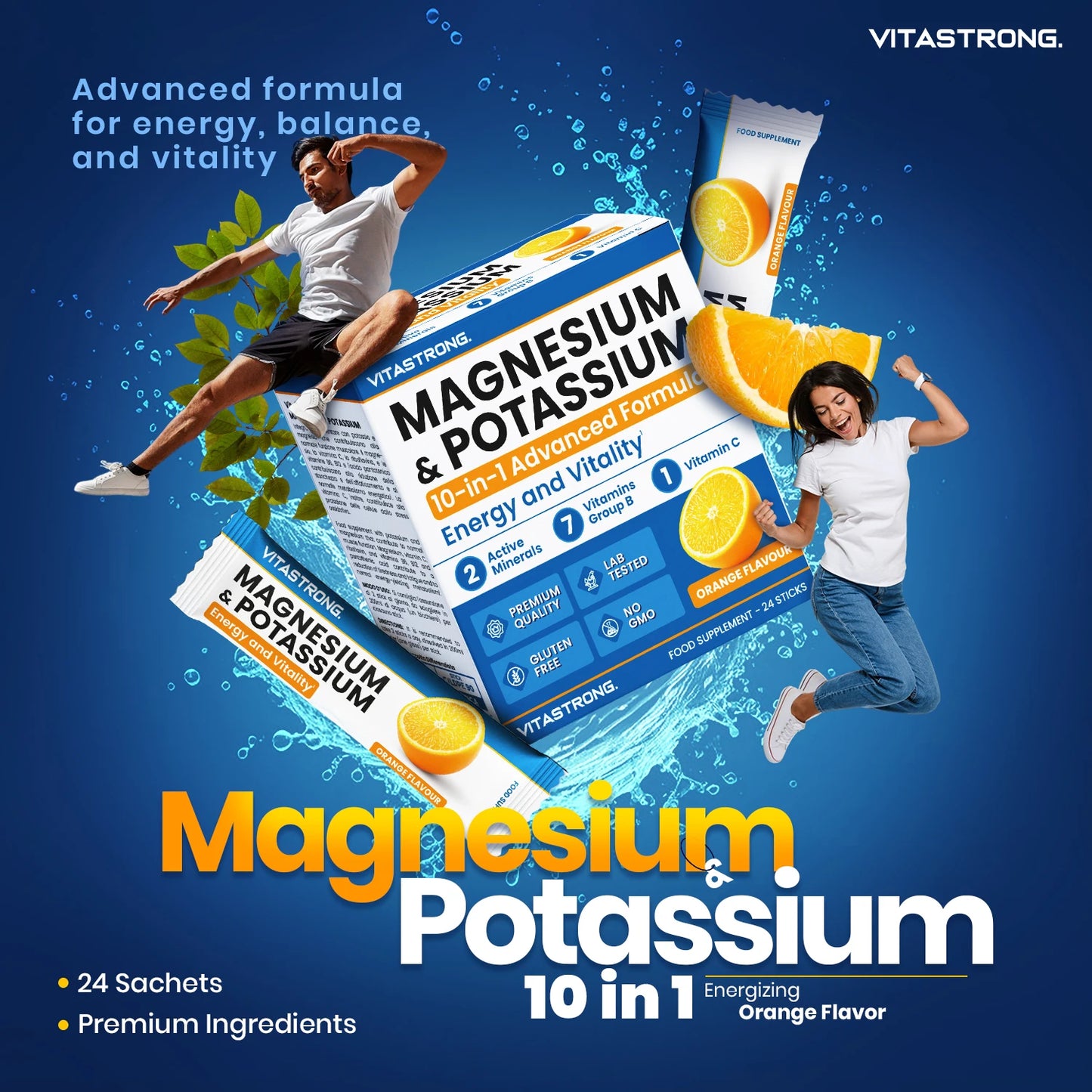 Vitastrong Magnesium And Potassium 10 In 1 Formula Sticks Orange Flavor With Vitamin C And B Vitamins 24 Count GMO Free by Beauty Bae