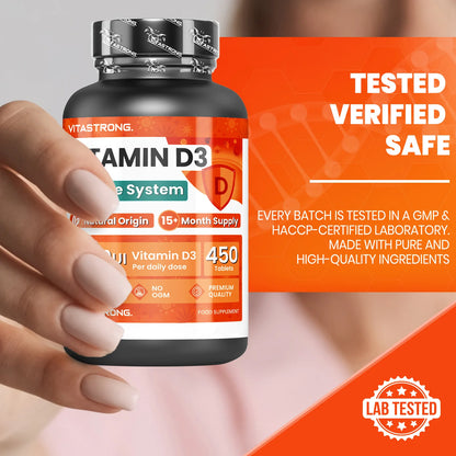 Vitamin D3 2000 IU High Potency 450 Tablets One Tablet Per Day 15 Plus Months Immune Support Bones Muscles Vitastrong by Beauty Bae