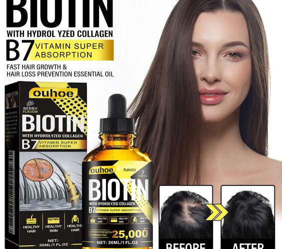 Ouhoe Collagen B7 Hair Growth Oil 30ml bottle with dropper label showing collagen biotin and plant extracts