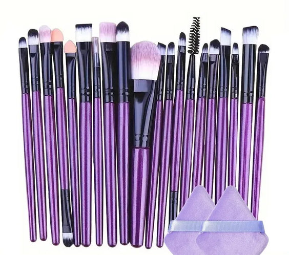 20pc Synthetic Makeup Brushes with non-porous synthetic fibers assorted plastic handles and metal ferrules for face and eye application