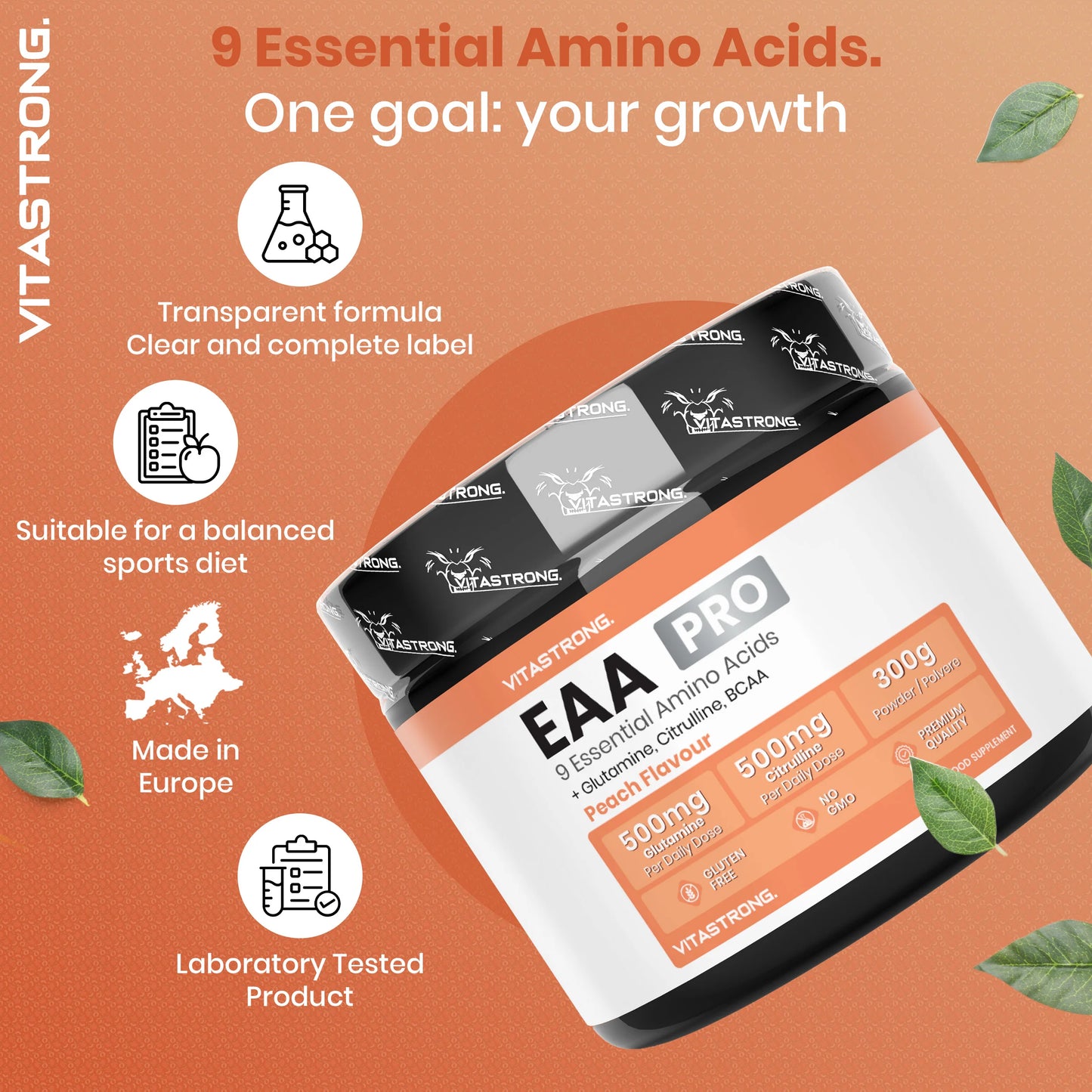VITASTRONG Essential Amino Acids EAA Pro Powder Peach Flavor 9 Essential Amino Acids 300g by Beauty Bae