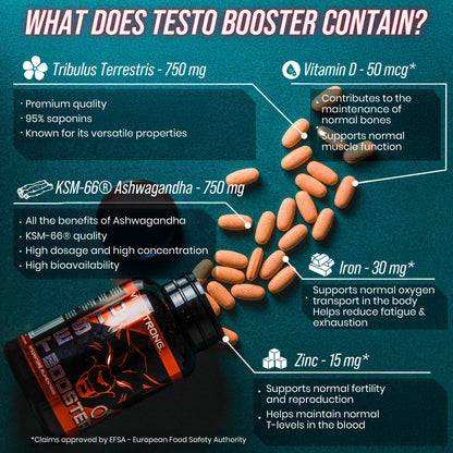 Testobooster Vitastrong Tribulus Terrestris Ashwagandha KSM66 Zinc Bisglycinate Vitamin D3 Iron Folic Acid Vegan Tablets by Beauty Bae