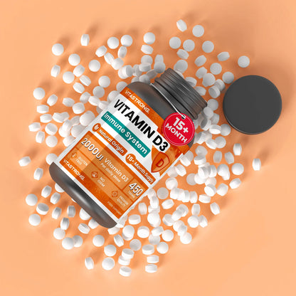 Vitamin D3 2000 IU High Potency 450 Tablets One Tablet Per Day 15 Plus Months Immune Support Bones Muscles Vitastrong by Beauty Bae