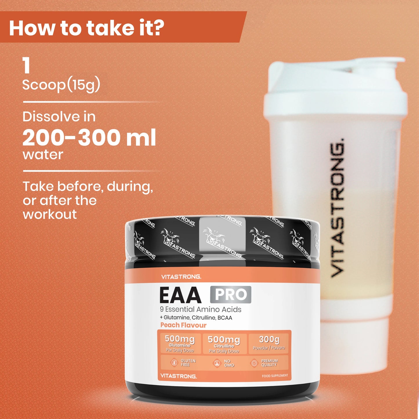 VITASTRONG Essential Amino Acids EAA Pro Powder Peach Flavor 9 Essential Amino Acids 300g by Beauty Bae