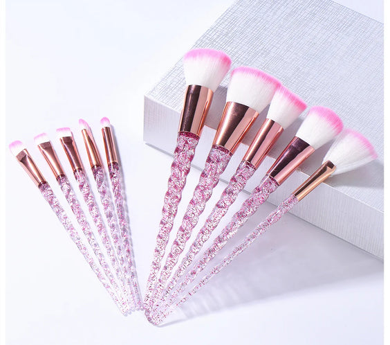 10pcs Crystal Makeup Brush Set with nylon and wool fiber bristles and crystal plastic handles