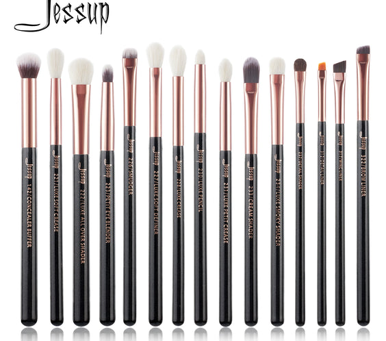 Jessup 15pc T157 eye brush set with birch wood handles rose gold ferrules mixed natural-synthetic bristles