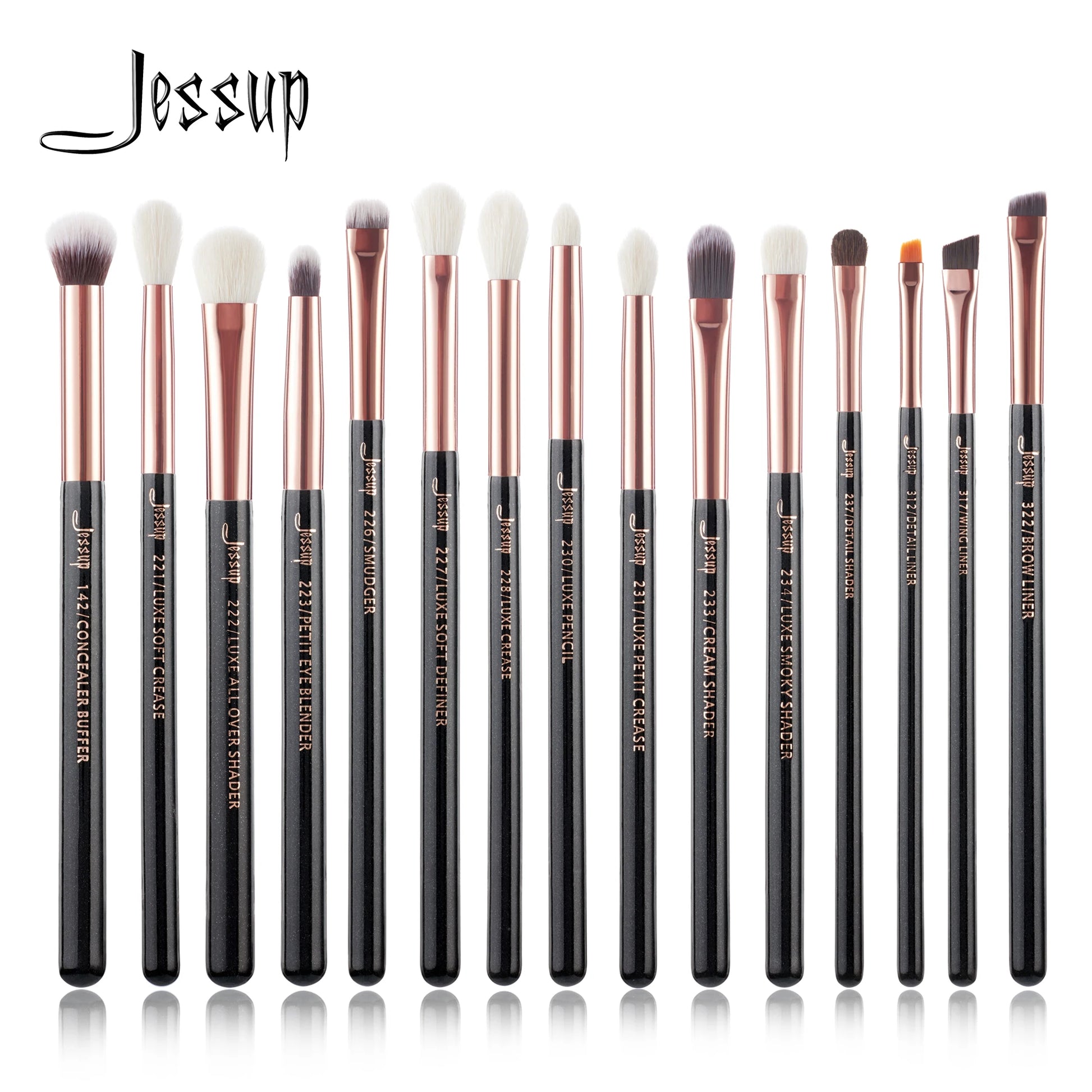 Jessup 15pc T157 eye brush set with birch wood handles rose gold ferrules mixed natural-synthetic bristles