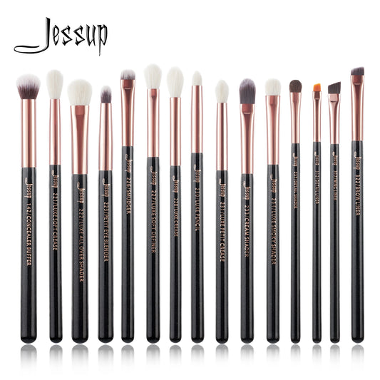 Jessup 15pc T157 eye brush set with birch wood handles rose gold ferrules mixed natural-synthetic bristles