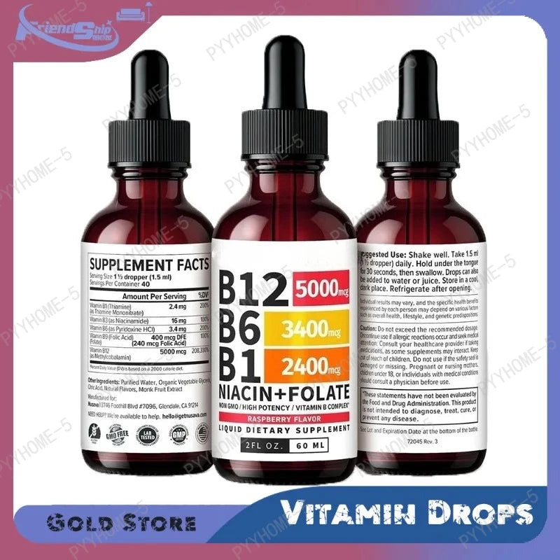 Vitamin B12 B6 B1 Liquid Drops Non GMO Raspberry Flavor for Brain Heart Immune Support Metabolism by Beauty Bae
