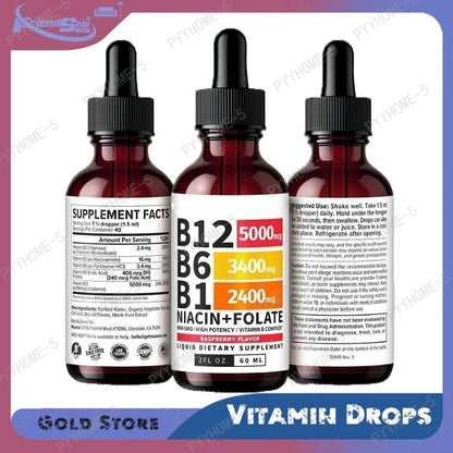Vitamin B12 B6 B1 Liquid Drops Non GMO Raspberry Flavor for Brain Heart Immune Support Metabolism by Beauty Bae