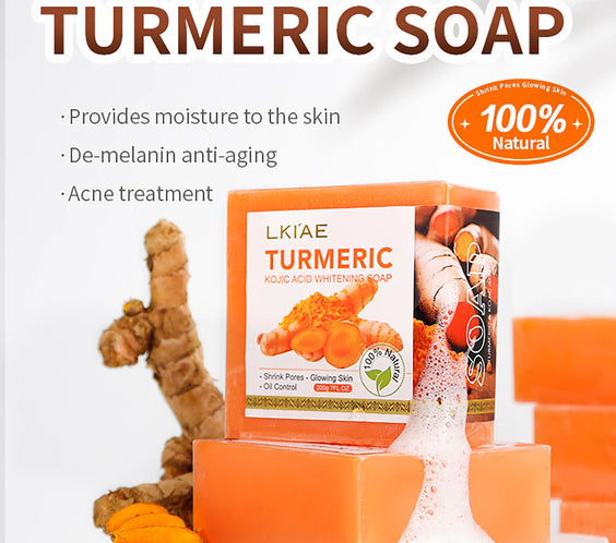 Turmeric Whitening Soap 200g bar with label showing turmeric kojic acid glutathione vitamin C and shea butter