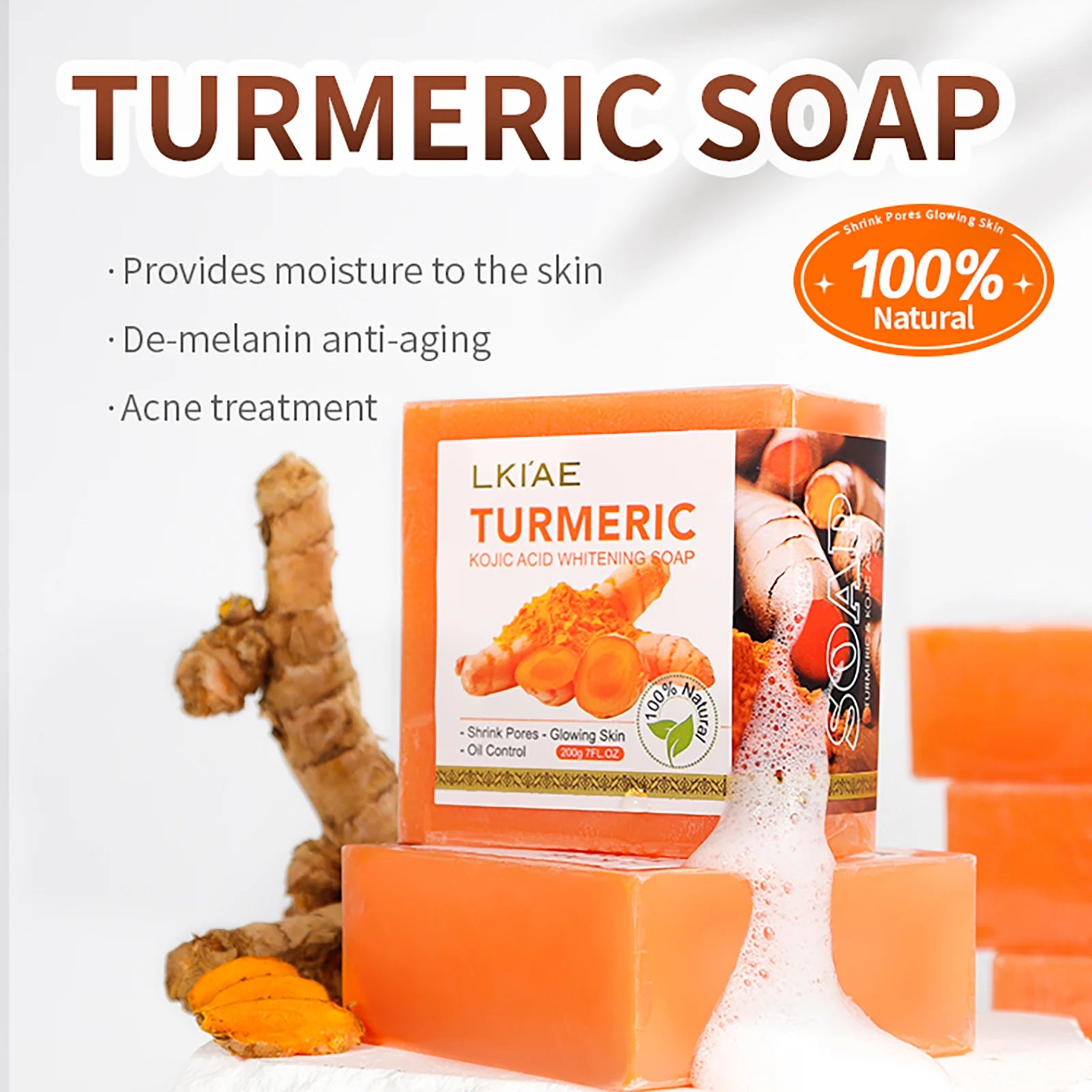 Turmeric Whitening Soap 200g bar with label showing turmeric kojic acid glutathione vitamin C and shea butter