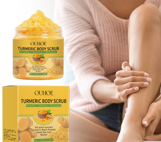 Turmeric Sea Salt Body Scrub 100g jar showing fine sea salt texture labeled CPNP certified Origin Mainland China