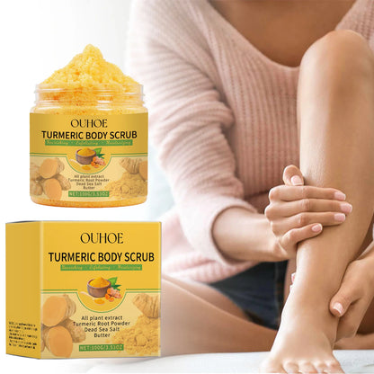 Turmeric Sea Salt Body Scrub 100g jar showing fine sea salt texture labeled CPNP certified Origin Mainland China