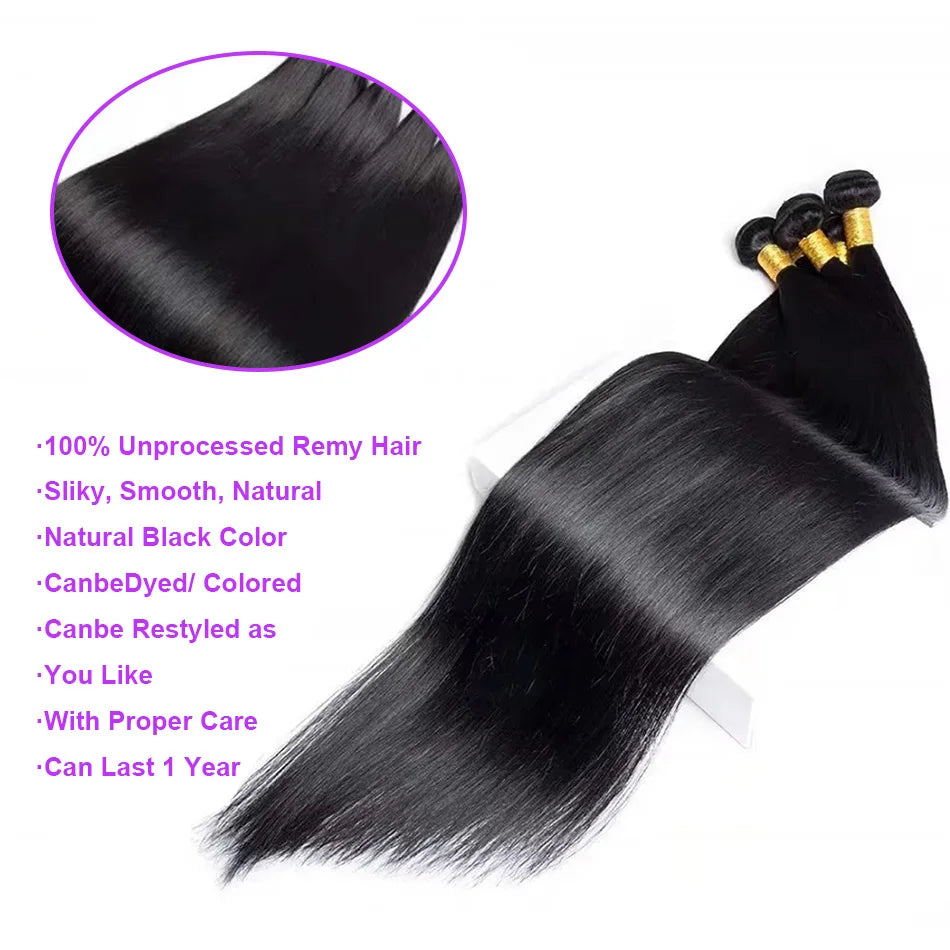38 To 40 Inch Bone Straight 100 Percent Weave Human Hair Bundles Brazilian Virgin Unprocessed Black 3 To 4 Bundle Deals by Beauty Bae