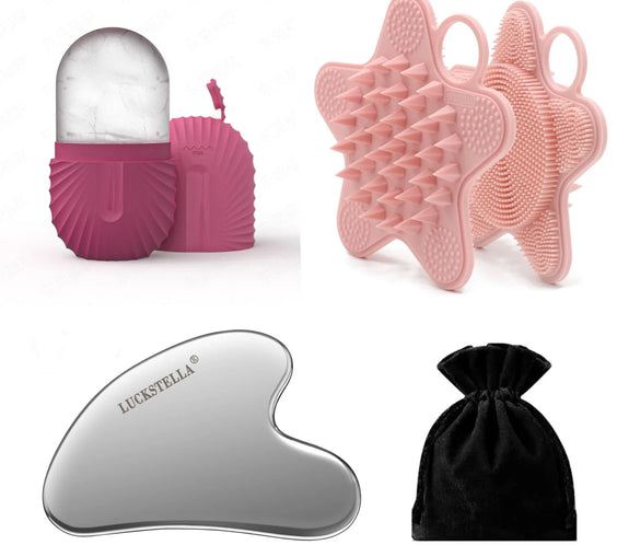 Ice Face Roller and Gua Sha set with stainless steel tool ice roller silicone eye mold and silicone shower brush