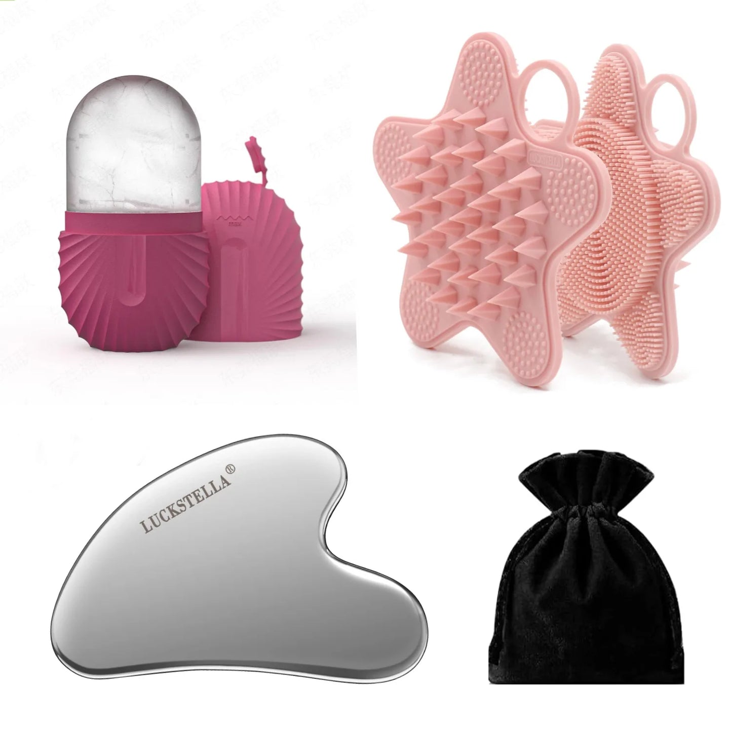 Ice Face Roller and Gua Sha set with stainless steel tool ice roller silicone eye mold and silicone shower brush