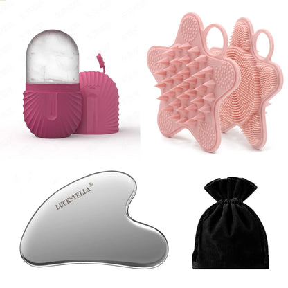 Ice Face Roller and Gua Sha set with stainless steel tool ice roller silicone eye mold and silicone shower brush