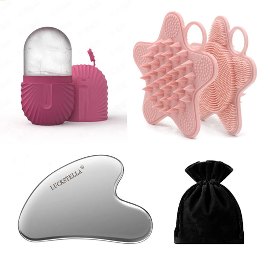 Ice Face Roller and Gua Sha set with stainless steel tool ice roller silicone eye mold and silicone shower brush