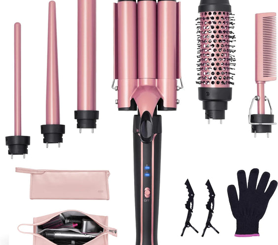 6-in-1 Ceramic Curling Wand set with tourmaline ceramic barrels tapered barrel brush barrel hot comb glove and clips