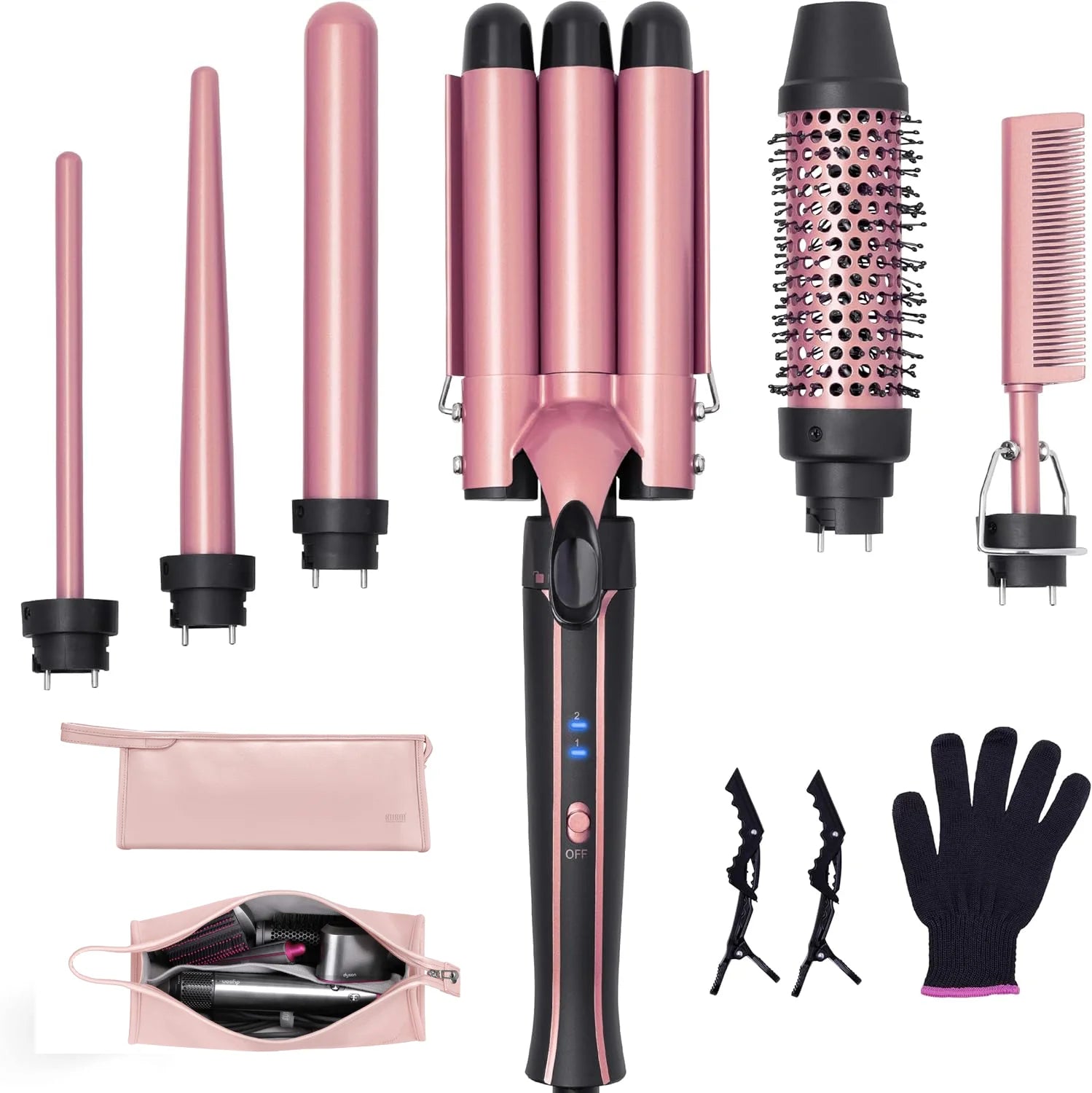6-in-1 Ceramic Curling Wand set with tourmaline ceramic barrels tapered barrel brush barrel hot comb glove and clips