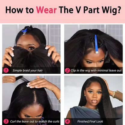 Kinky Straight V Part Human Hair Wig Glueless U Part 100 Percent Human Hair 220 Percent Density Wave 16 To 40 Inches by Beauty Bae