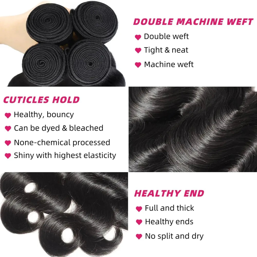 Virgin Brazilian Weave Body Wave Hair 30 to 40 Inch 3 or 4 Bundles Remy 100 Percent Human Hair Extensions Natural Black by Beauty Bae