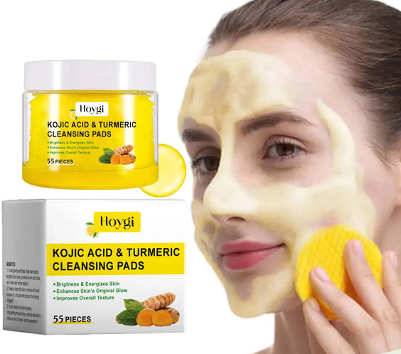 Box of Turmeric Kojic Acid Pads 55 pre-soaked facial exfoliating pads with turmeric extract and kojic acid