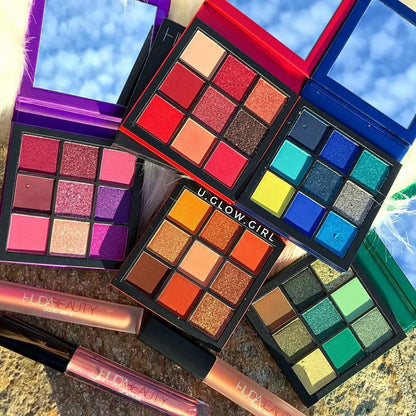 Huda Beauty 9 Color Diamond Amethyst Ruby Red Gold Eye Shadow Palette Matte Shimmer Eyeshadow Glitter Makeup by Beauty Bae