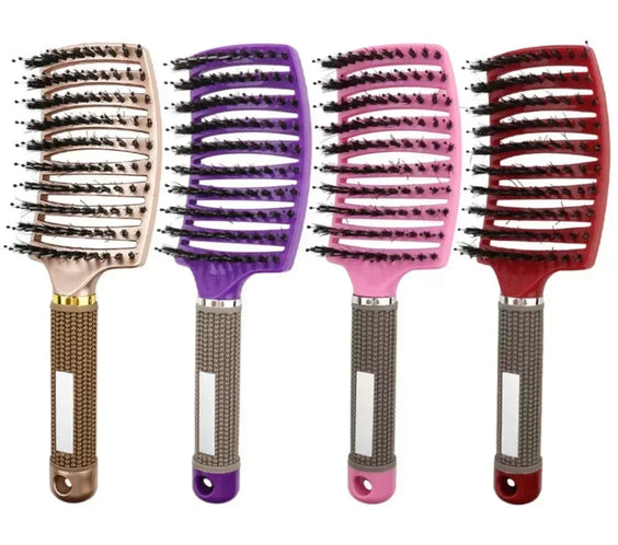 Scalp Massage Detangle Brush with boar bristles and nylon pins vented curved head rubber non-slip handle 24.5x6.5 cm