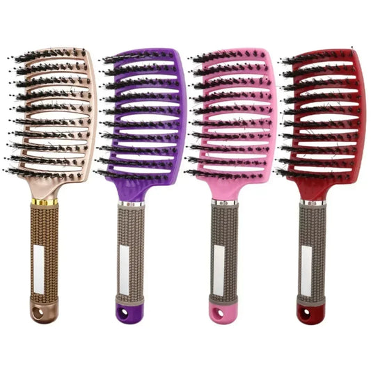 Scalp Massage Detangle Brush with boar bristles and nylon pins vented curved head rubber non-slip handle 24.5x6.5 cm