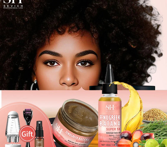 Fenugreek Rosemary Hair Oil 40ml bottle with label listing fenugreek amla rosemary Batana Chebe and kit components