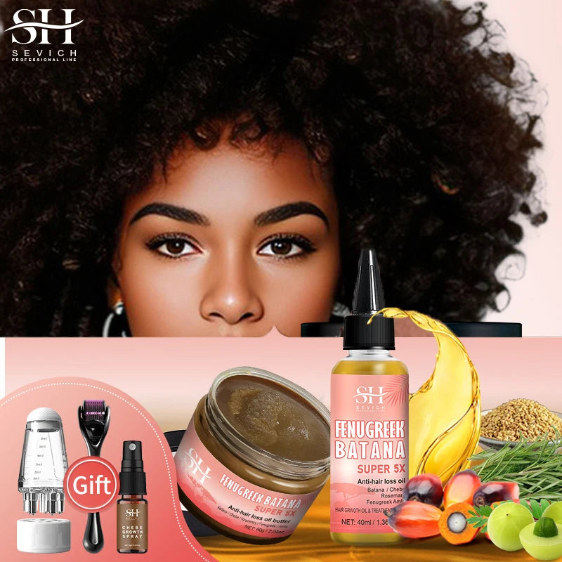 Fenugreek Rosemary Hair Oil 40ml bottle with label listing fenugreek amla rosemary Batana Chebe and kit components