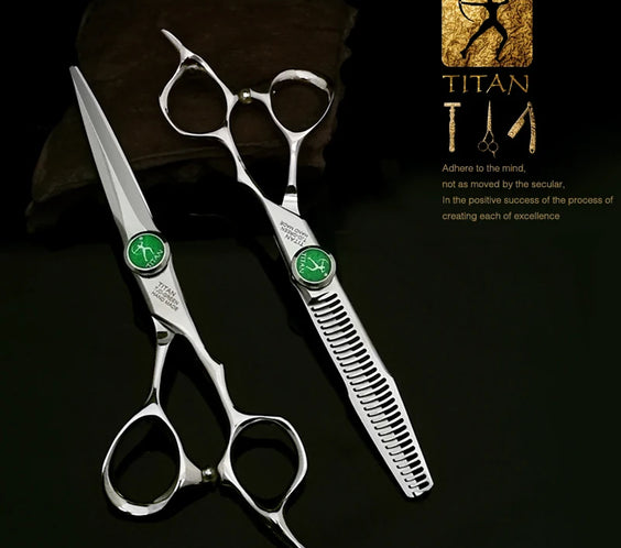 Titan 6in 440C barber scissors with green stainless handle and 30-tooth thinning blade model G-60
