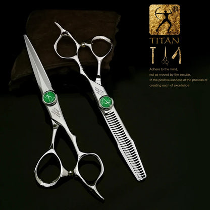 Titan 6in 440C barber scissors with green stainless handle and 30-tooth thinning blade model G-60